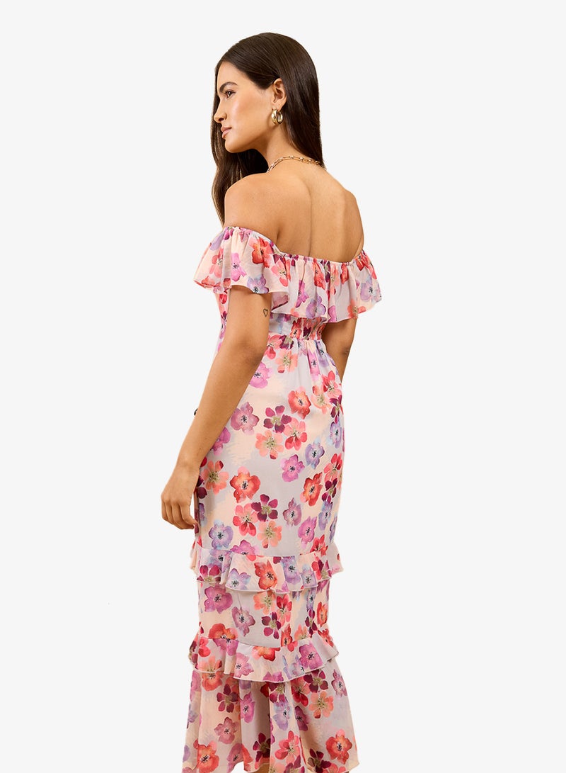 Little Mistress Floral Bardot Midi Dress - Image 2